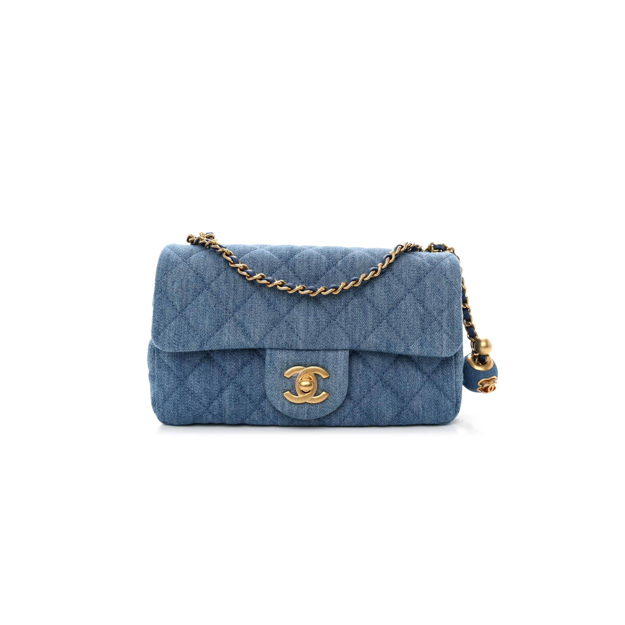 Ch*el master denim quilted mini pearl crush rectangular flap blue (20*13*7cm)
